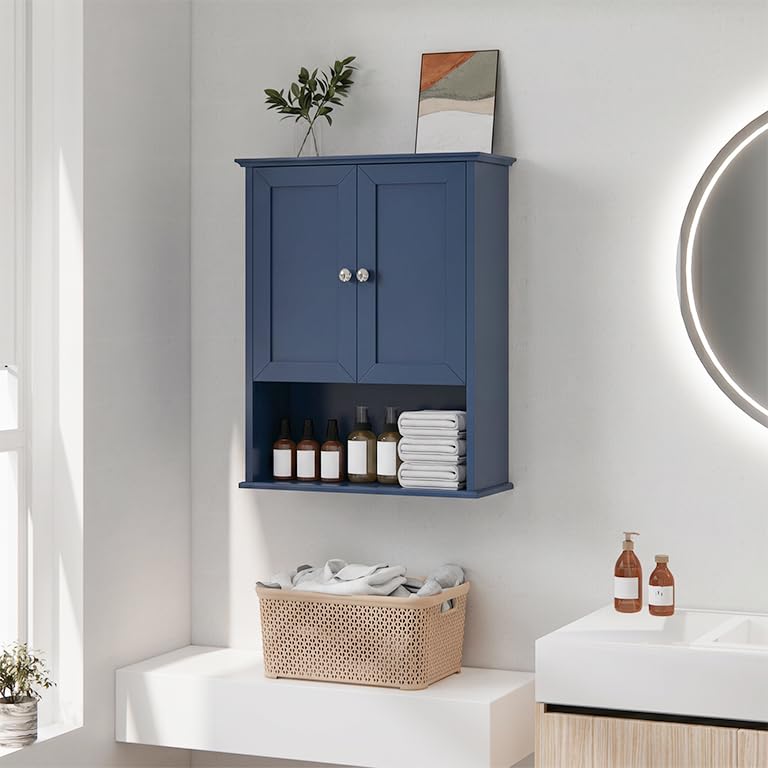 Medicine Cabinet, Over The Toilet Storage Cabinet, 24x30 Inch Wall Mount Bathroom Storage Cabinet with 2 Doors & Adjustable Shelf, Wooden Bathroom Wall Cabinet, Blue - color: Blue