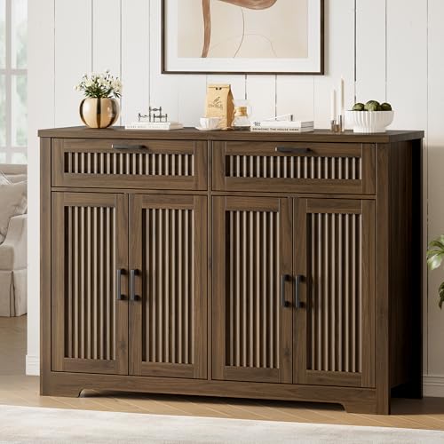 Fluted Buffet Sideboard Cabinet with Storages, Buffet Table with Drawers | Coffee Bar Console Table with 2 Drawers & 4 Doors and Adjustable Shelves, Sideboard with Metal Handles, Walnut - color: Walnut, size: 4 Doors & 2 Drawers