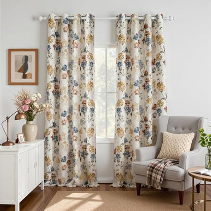 MYSKY HOME 100% Blackout Linen Floral Curtains 102 Inch Long 2 Panels Farmhouse Pattern Printed Double Layer Thermal Insulated Floor Length Window Drapes for Dining Room, Yellow, 52" Wide Each Panel - size: 52"W x 102"L (Pack of 2)