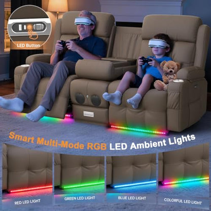 Home Theater Seating, Power Loveseat Recliner Sofa with Massage & Heat | Wall Hugger Reclining Loveseat with USB, RV Couch with LED Lights, Flip Backrest, Cup Holders for Movie Theater, Gaming Room - color: Pebbled Khaki Brown, size: 72" - 2 Seats