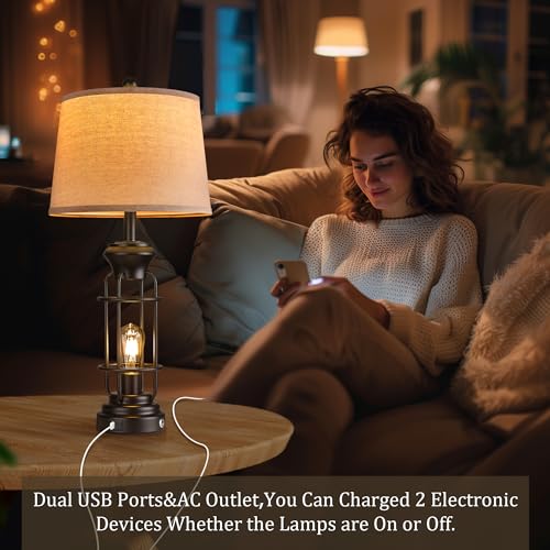 Reaketon Table Lamp Set of 2 with USB Ports, 28" Tall Farmhouse Table Lamp with 2 Nightlight Bulbs,Touch Control Table Lamps for Bedroom, Rustic Bedside Lamp for End Tables,Bulbs Included,Black - color: Black