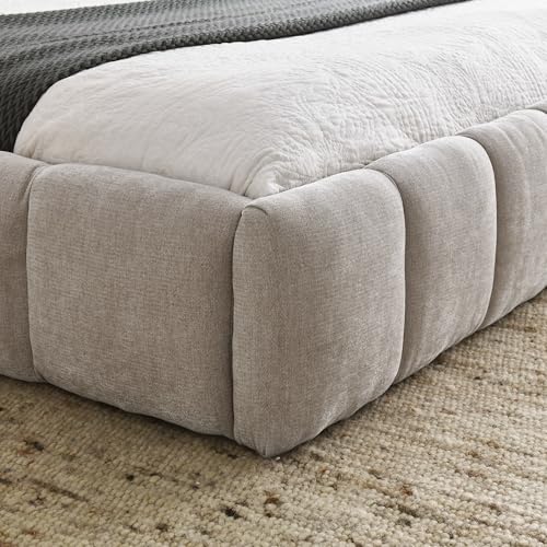 Queen Size Upholstered Cloud Bed Frame, Low Profile Platform Bed with Soft Chenille Headboard, Modern Floor Bed with Wooden Slats