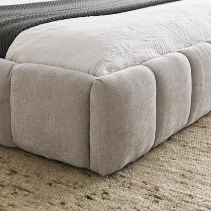 Queen Size Upholstered Cloud Bed Frame, Low Profile Platform Bed with Soft Chenille Headboard, Modern Floor Bed with Wooden Slats