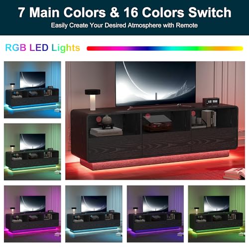 RoyalCraft TV Stand for TVs Up to 65", Modern Black Entertainment Center with 3 Storage Drawers and LED Lights, Curved Wood Media TV Console for Living Room, Bedroom - color: Black