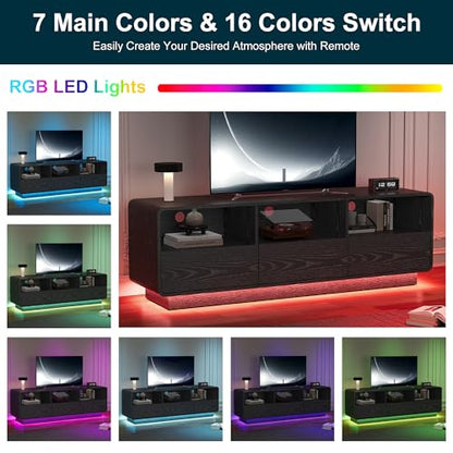 RoyalCraft TV Stand for TVs Up to 65", Modern Black Entertainment Center with 3 Storage Drawers and LED Lights, Curved Wood Media TV Console for Living Room, Bedroom - color: Black