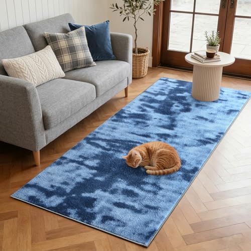 2x8 Tie-dye Teal Runner Rug Non-Slip Washable for Hallway Kitchen Bedroom | Soft丨Stays Put丨Door-Friendly Thin丨Pet Friendly丨Lays Flat丨Bathroom丨Laundry丨Entryway丨Indoor丨Playroom丨Carpet丨Area Rug丨Home Decor - color: 01 Tie-dye Teal, size: 2' x 8' (Rectangular)