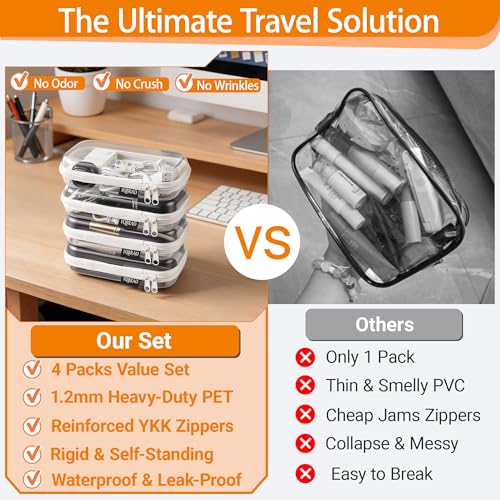 YQBRAO Clear Hard Shell Zipper Cases, 4 Small Cable Organizers, White | Rigid 1.2 mm PET and YKK dual zippers for cosmetics, charging cords, pens and travel accessories - color: White, size: 4 Pack(S)