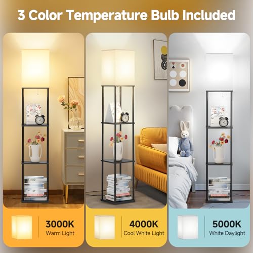 Coucrek 2-Pack Floor Lamp with Shelves, 3-Tier Standing Shelf Lamp | 3CCT 950LM Bright Bulb Included, Storage Bookshelf Tall Lamps for Living Room Bedroom Office - color: Black