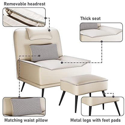 Faux Leather Accent Chair with Ottoman, Modern Upholstered Large Sofa Chair for Living Room Bedroom Lounge Chair Armless Accent Chair and Ottoman Set Beige - color: Beige