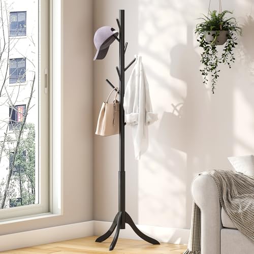 kiplant Black Coat Rack Stand, Bamboo Wood Freestanding Coat Tree with 8 Hooks, Hallway Entryway Hat Hanger Organizer Standing for Bedroom, Office, Clothes, Jackets, Bags, Umbrallas - color: Black