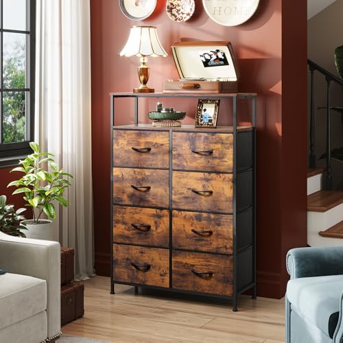 WLIVE Fabric Dresser for Bedroom with Open Shelves, Tall Dresser with 8 Drawers, Storage Tower with Fabric Bins, Chest of Drawers for Closet, Hallway, Rustic Brown Wood Grain Print | 8 fabric drawers plus open shelves, steel frame with wood top, great for