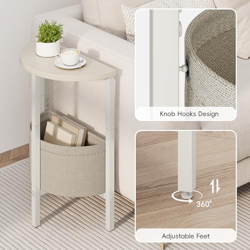 Small Round Side Table End Table, Tall Accent Table with Storage Basket, Set of 2 Half Round Tables Half Moon Tables, Coffee Bedside Tables, Modern Nightstand for Living Room Bedroom, Cream - color: Cream White