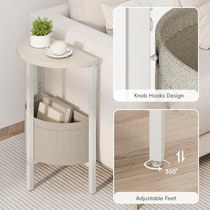 Small Round Side Table End Table, Tall Accent Table with Storage Basket, Set of 2 Half Round Tables Half Moon Tables, Coffee Bedside Tables, Modern Nightstand for Living Room Bedroom, Cream - color: Cream White