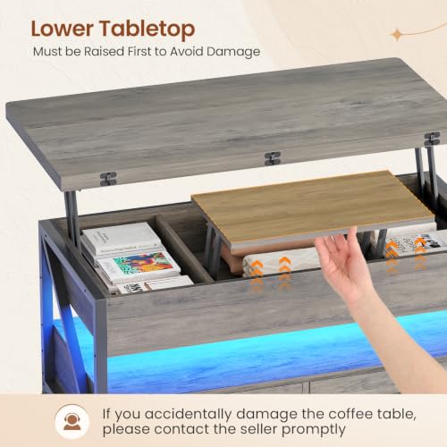 Itaar 40" Lift Top Coffee Table with 2 Drawers Storage for Living Room | Grey 4 in 1 Expandable Coffee Table with 2 Drawers & LED Light & Hidden Compartmen for Dining Living Room Table - color: Grey