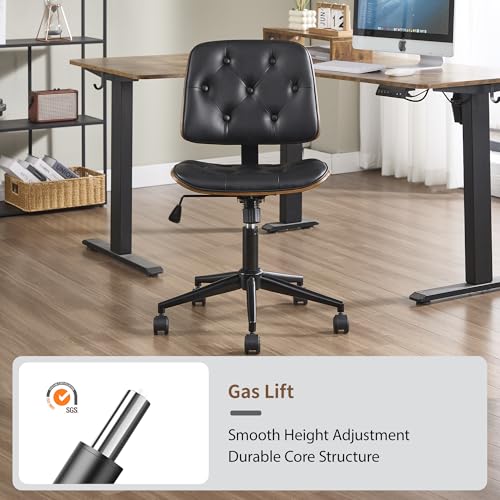 VipDesk Small Home Office Chair - Armless Mid Back Desk Chair with 360° Swivel and Wheels, PU Upholstered Height Adjustable Modern Walnut Computer Chair for Home, Office Meeting Room - Black - color: Black, size: Button Style