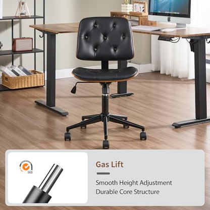 VipDesk Small Home Office Chair - Armless Mid Back Desk Chair with 360° Swivel and Wheels, PU Upholstered Height Adjustable Modern Walnut Computer Chair for Home, Office Meeting Room - Black - color: Black, size: Button Style