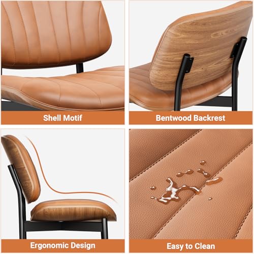 YaFiti Mid Century Dining Chairs Set of 2 with Walnut Bentwood, Light Tan | Ergonomic Walnut Backrest, Upholstered Waterproof PU Leather Seat, Stable Metal Legs, Adjustable Footpads, Apartment Friendly - color: Light Tan Scallop