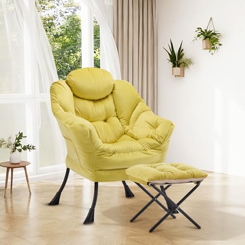 Lazy Chair with Ottoman, Modern Accent Lounge Chair with Side Pocket and Armrests, Cozy Reading Armchair with Footrest, Upholstered Sofa Chair for Small Spaces, Bedroom Living Room, Yellow - color: Yellow