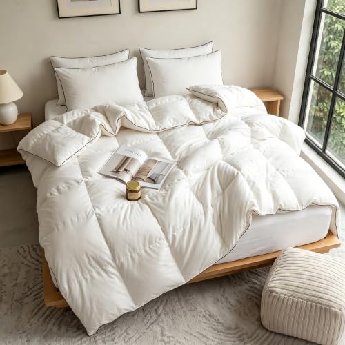 Luxury White Goose Feathers Down Fiber Comforter Queen Size Duvet Insert | Hotel Collection 100% Cotton Cover Fabric,All Season Medium Warmth,High Fill Power,8 Corner Tabs,Breathable,Hypoallergenic - size: Queen (90''x 90'')