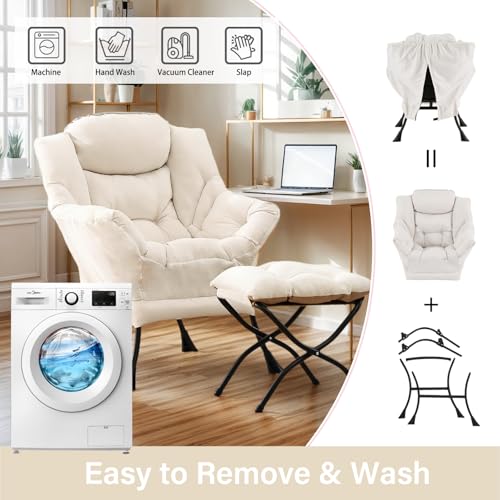 Lazy Chair with Ottoman, Soft Comfy Chair for Bedroom, Beige | Reading Accent Lounge Chair with folding Foot Stool for Living Room Dorm Apartment, sturdy metal frame - color: Beige