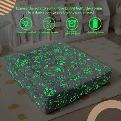 MeMoreCool Glow in Dark Dog Kids Couch, Fold Out Loveseat Sofa 39x20x16in | Grey dog glow in dark kids loveseat with armrests and pocket - color: Dog