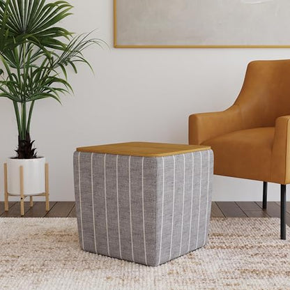 HomePop 19" Storage Ottoman with Wood Top - Midnight Gray Woven Stripe - color: Midnight Gary Woven Stripe
