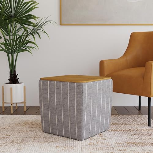 HomePop 19" Storage Ottoman with Wood Top - Midnight Gray Woven Stripe - color: Midnight Gary Woven Stripe