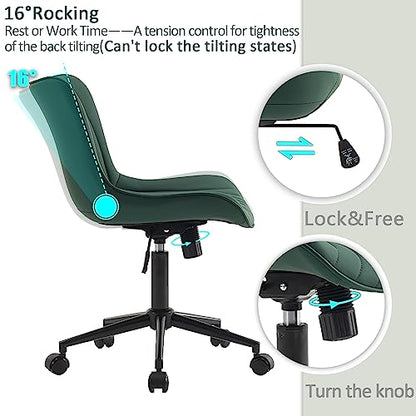 YOUTASTE Dark Green Armless Office Chair, Modern Adjustable Swivel Desk Chair with Wheels, Upholstered PU Leather, Black Metal Legs, Back Support for Home Office, Study, Vanity, Bedroom - color: Dark Green