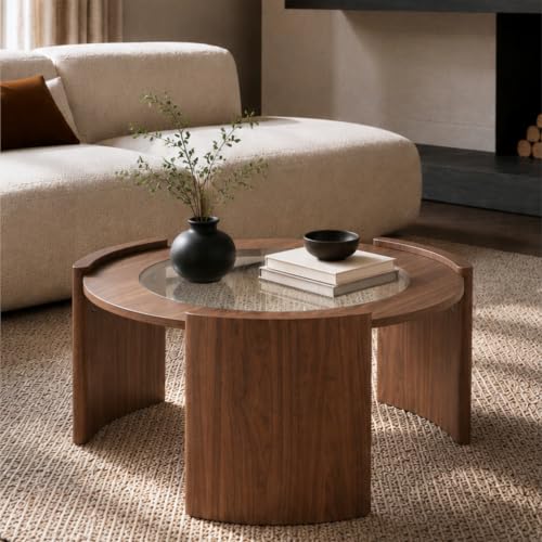 KEIKI Mid-Century Modern Round Coffee Table, 31.5" Wood & Tempered Glass Center Table, Circular Cocktail Table w/Thick Curved Legs, Raised Edge Design for Living Room, Apartment, Walnut Transparent - color: Walnut Transparent