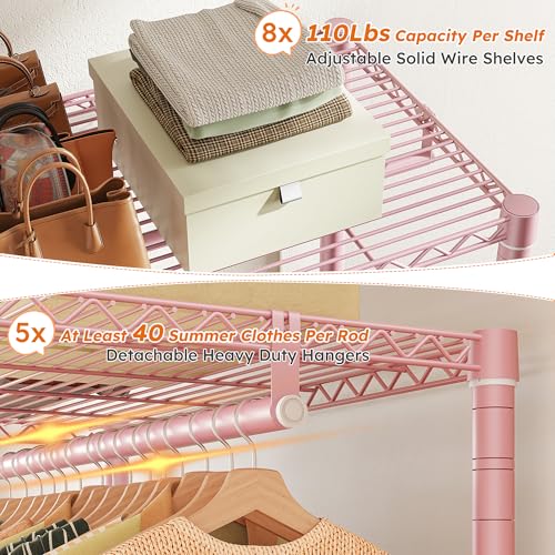 Raybee Clothes Rack,Clothing Racks for Hanging Clothes Heavy Duty,Adjustable Garment Rack with Shelves,Rolling Clothes Rack Max Load 905LBS,75" W x 77" H x 17.8" D Pink - color: Pink, size: 75" W x 17.8" D x 77" H