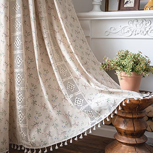 Deeprove Boho Curtains for Bedroom, Cream Hollow Crochet Stripes and Florals Print Cotton Linen Fabric Patchwork, Bohemian Beige Tassel Semi-Blackout Window Panel Farmhouse Drape 1 Panel, W59 x L63 - color: Beige 02, size: 59"W x 63"L (Pack of 1)