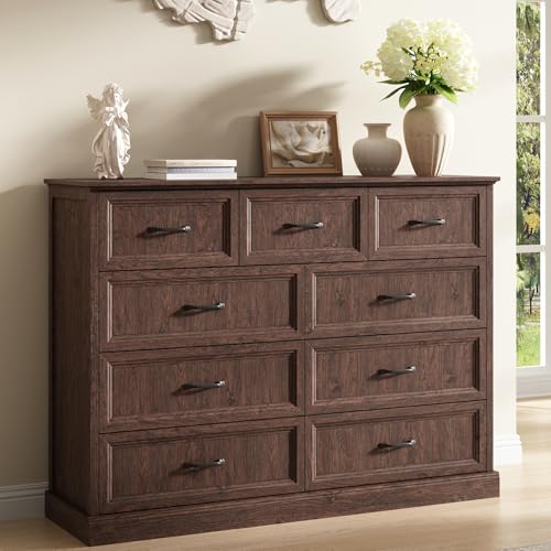 Farmhouse 9 Drawer Dresser for Bedroom, 55" Brown Dresser with TV Stand | Wide Dresser with Large Drawers & Bar Handles, Rustic Wood Chest of Drawers for Living Room, Hallway, Entryway. - color: Brown, size: 16"D x 55"W x 41"H (9 Drawers)