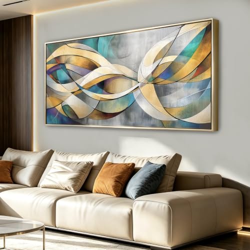 Large Dynamic Curved Line Abstract Wall Art Framed with Hooks, Colorful Modern Wall Decor 30"x60" - color: Rainbow Lines, size: 147L x 73W cm