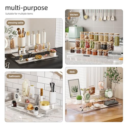 3-Tier Expandable Clear Spice Rack Organizer 2 Pack Adjustable Tiered Seasoning Shelf with Non-Slip Textured Surface, Multi-Purpose Cabinet Organizer for Kitchen Pantry Countertop Vanity