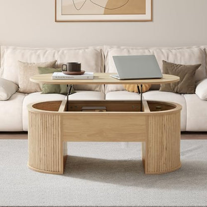 QHITTY Fluted Coffee Table with Lifting Top, Oval Wood Lift Top Coffee Table with Hidden Compartment, Mid Century Pull up Center Tables for Living Room, Office - Natural - color: Round Table-natural