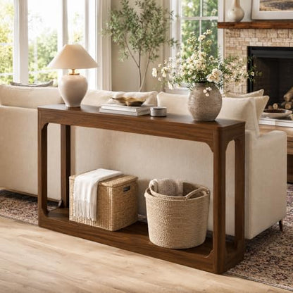 55.1" Console Table, Entryway Sofa Table for Hallway, Walnut | Engineered wood, Slim console table, curved legs, 2-tier storage, entryway hallway sofa living room - color: Walnut