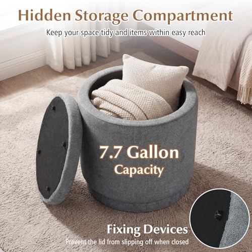 GIANTEX Round Ottoman with Storage, Chenille Fabric Vanity Stool with Removable Lid, Acacia Wood Frame, Ottoman Foot Rest for Living Room, Bedroom, Makeup Room No Assembly (Warm Light Gray)