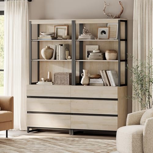 WAMPAT 2 PCS Modern 72" Tall Bookshelf with 6 Drawers and Open Book Shelves, Library Bookcase with Storage Cabinet and Metal Base, Wood Freestanding Bookshelves for Home Office, Living Room, Beige - color: Beige-b, size: 2 PCS