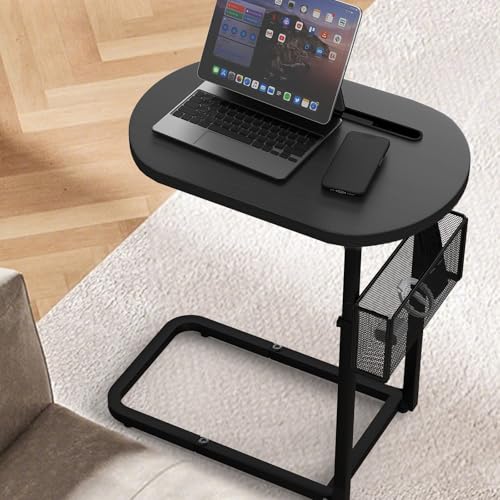 Fashion TV Tray Table with Large Tabletop, Adjustable Sofa Table with Storage Baskets, Strong Metal Frame, Tv Dinner Tray Table for TV Watching, Meals, Snacks (Oval, Black, 16.93inch x 12.6inch)