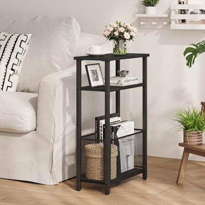 MMEOLUOOK Narrow Side Table with Storage Basket Skinny End Tables for Smalls Spaces 3 Tier Sofa Table Small Nightstand Slim Bedside Table for Living Room Bedroom Black MLBZ22B - color: Black