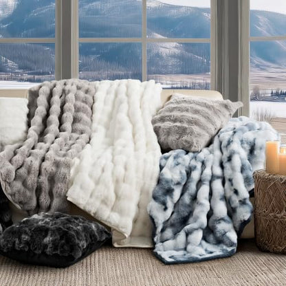 Faux Rabbit Fur Bubble Throw Blanket, 50"x60", Bright White | Ultra Soft, Luxury Faux Rabbit Fur Throw, Thick Warm Bubble Blanket, Cozy Fluffy Reversible, for Bed, Couch, Chair, Sofa - color: Bright White, size: 50"x60"