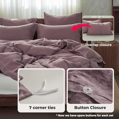 Simple&Opulence 100% Washed Linen Duvet Cover Set with Embroidered,2 Pieces Soft Farmhouse Comforter Set with Button Closure,1 Duvet Cover and 1 Pillowsham(Twin,Purple) - color: Embroidery Purple, size: Twin