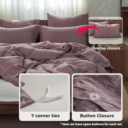Simple&Opulence 100% Washed Linen Duvet Cover Set with Embroidered,2 Pieces Soft Farmhouse Comforter Set with Button Closure,1 Duvet Cover and 1 Pillowsham(Twin,Purple) - color: Embroidery Purple, size: Twin