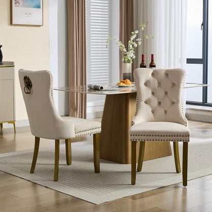 KEIKI Mid-Century Upholstered Velvet Dining Chair, Tufted Accent Seat | with Golden Solid Wood Legs for Dining Room Kitchen Room, Beige - color: Beige