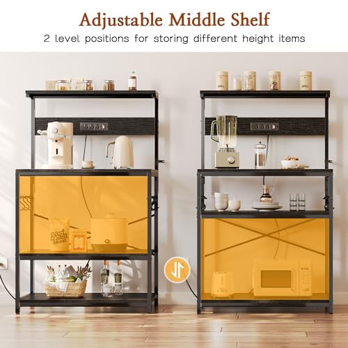SUPERJARE Bakers Rack with Power Outlets, Microwave Stand, 31.5 X 16.5 Inch Larger Desktop, Kitchen Storage Rack with Adjustable Middle Shelf, 6 S-Shaped Hooks, Coffee Bar Stand, Black - color: Black, size: 31.5 inch