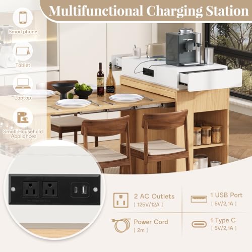 Extendable Dining Table with Folding Tabletop & Power Outlet, Modern Kitchen Island Sideboard with Wheels, Hidden Drawers & USB Charging, Sturdy Buffet Table for Small Spaces (Natural) - color: Natural