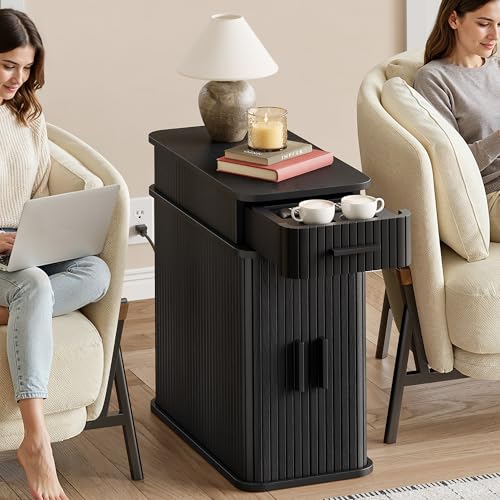 Fluted End Table with Charging Station, Narrow Side Table with Drawers, Skinny Nightstand with Storage, Mid-Century Modern Bedside Tables for Small Space Living Room Sofa Couch, Patent Pending - color: Black