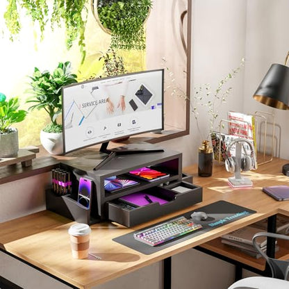 Simple Trending Wood Monitor Stand Riser, Desktop Oraganizer, Black | Desk Organizer and Accessories, Laptop & Printer Stand, Drawer & Pen Holder, for Home Office, 20.25"W x 9.25"D x 5.5"H - size: 20.25"W x 9.25"D x 5.5"H