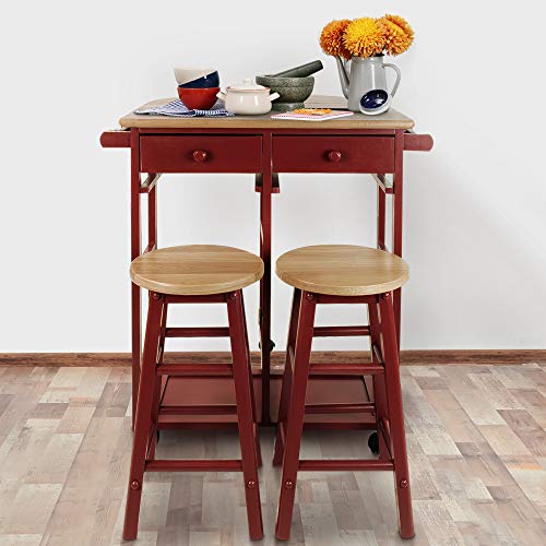 Casual Home Drop Leaf Breakfast Cart with 2 Stools-Red - color: Natural&red