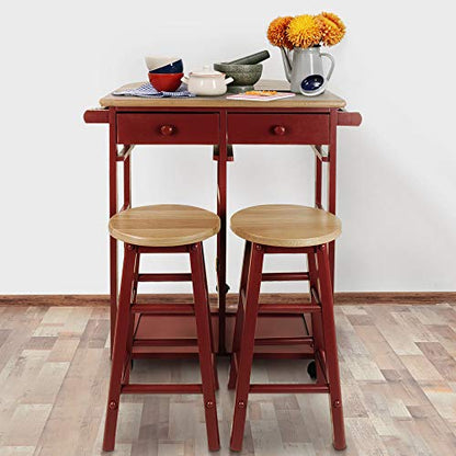 Casual Home Drop Leaf Breakfast Cart with 2 Stools-Red - color: Natural&red